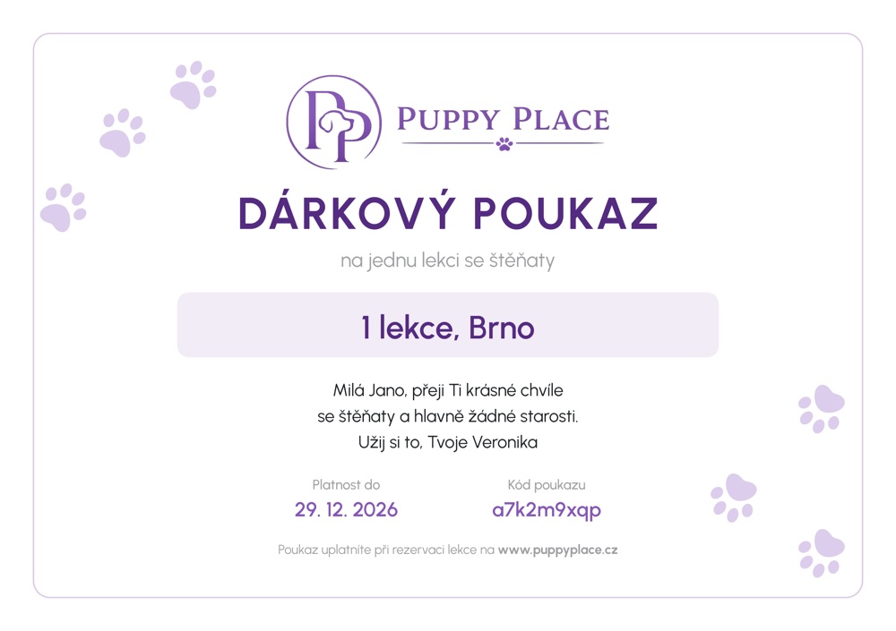 Ukázka dárkového poukazu Puppy Place, Brno